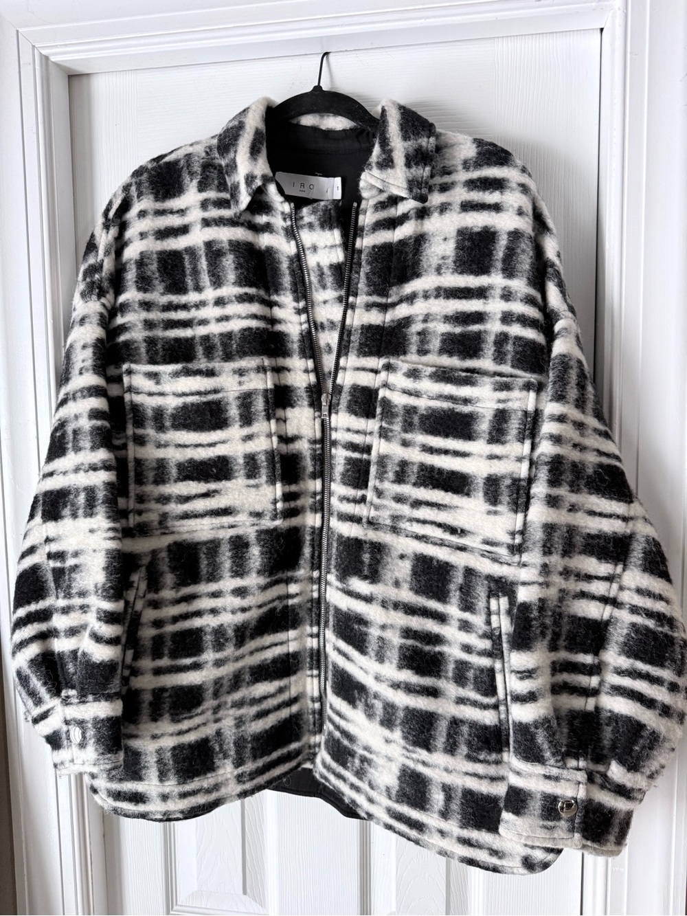 IRO Zachary Black & White  Wool-Blend Zip Front Jacket Sz 38